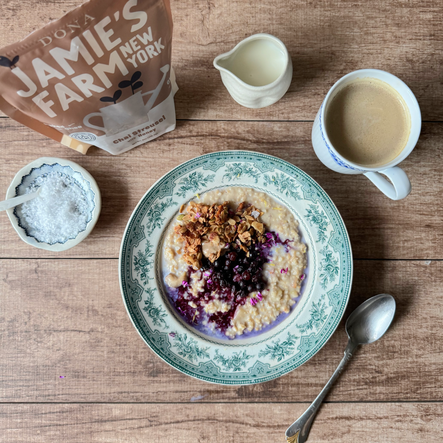 Warm Steel Cut Oats with Blueberry Compote & Chai Granola