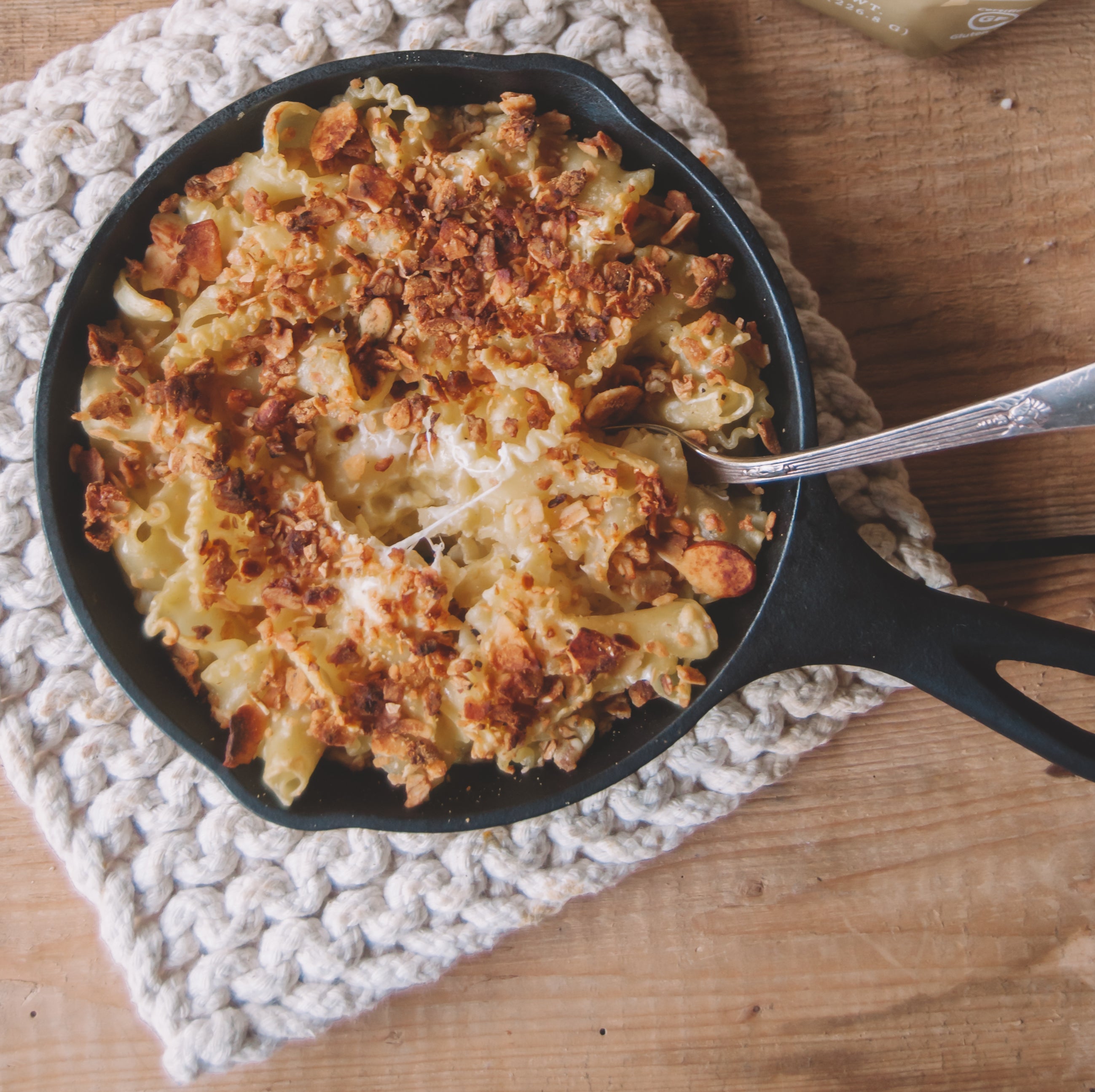 Jamie's Farm Granola - Gluten-Free Crumb Topping Replacement for Panko Crumbs, baked onto Mac & Cheese with Gruyere in a Cast Iron Skillet